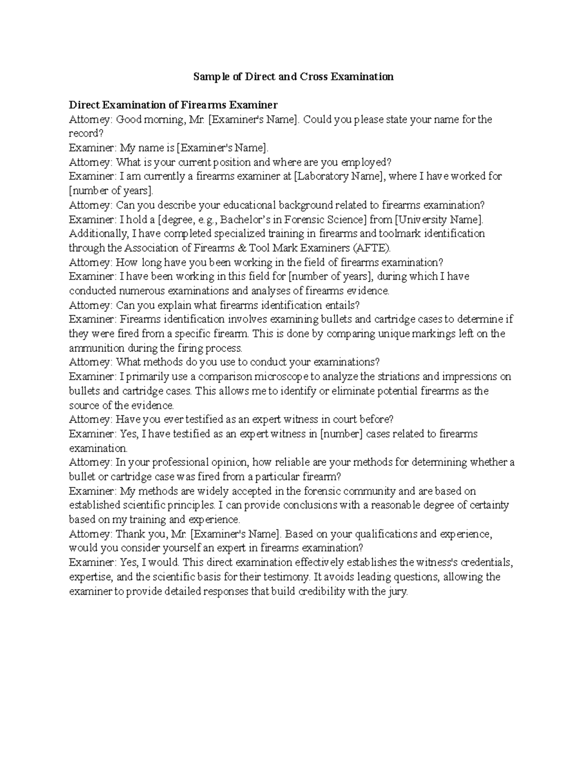 Direct and Cross-Examination Samples of Firearms Expert - Forensic ...