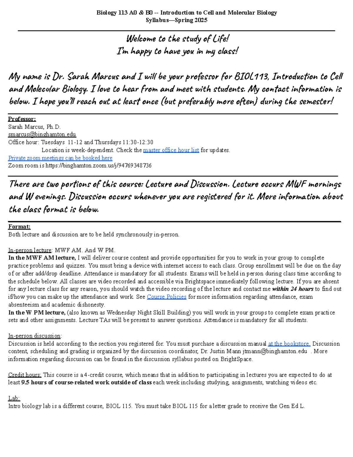 BIOL113 Syllabus: Introduction to Cell & Molecular Biology - Spr 2025 ...