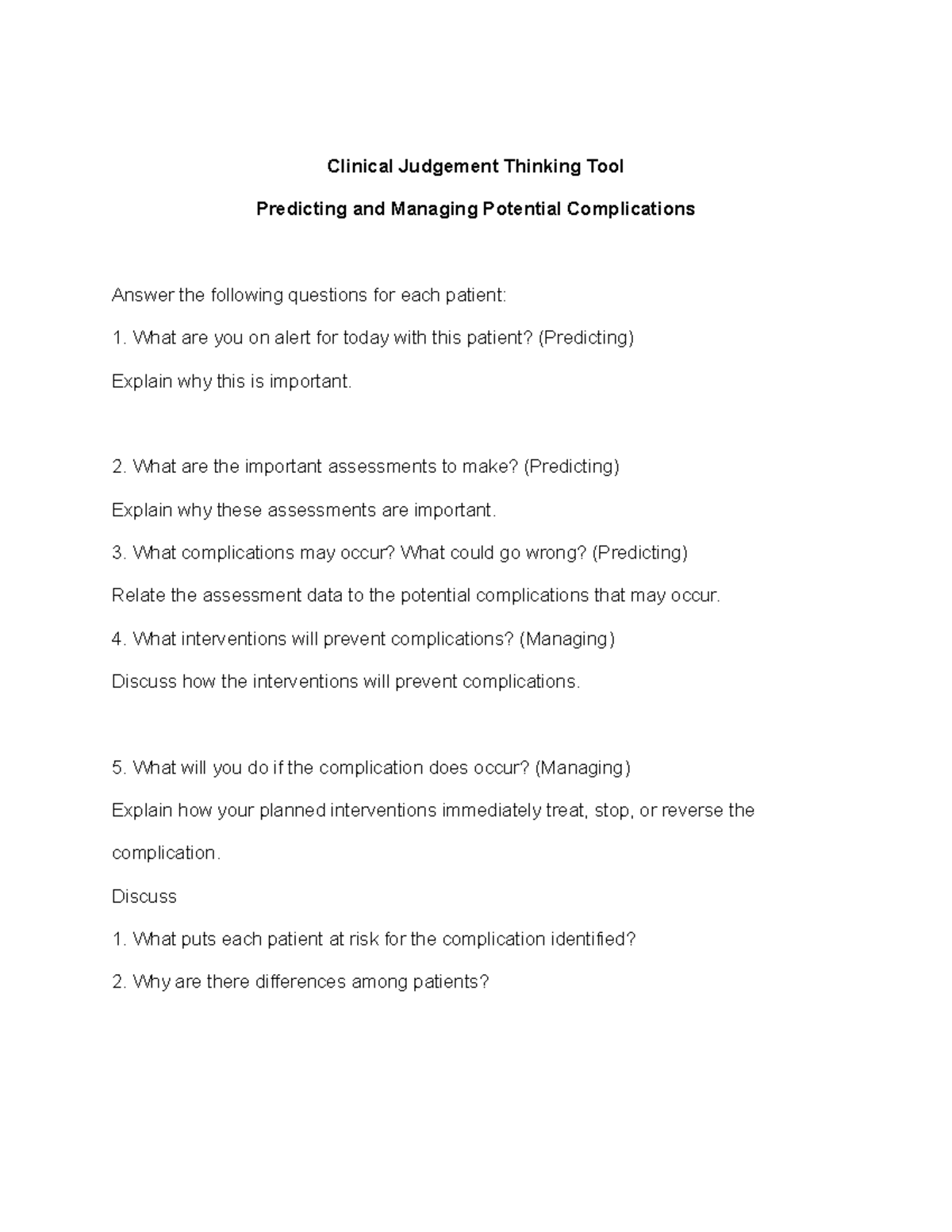 Clinical Judgement Tool: Predicting & Managing Complications - Studocu