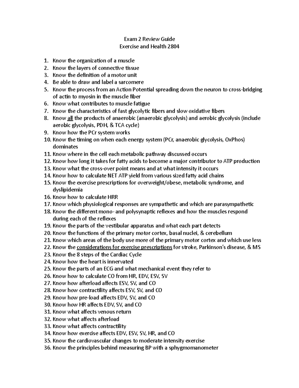 Exam 2 Review Guide - test 2 - Exam 2 Review Guide Exercise and Health ...