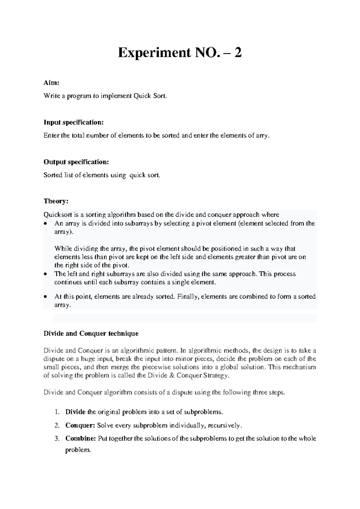 AOA 202 - Experiment No. 2: Implementing Quick Sort Algorithm - Studocu