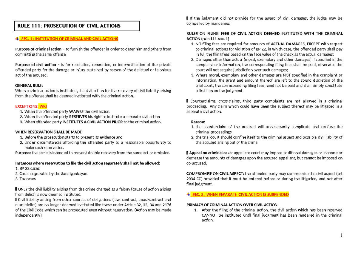 Rule-111-reviewer - lecture case digest - SEC. 1 : INSTITUTION OF ...