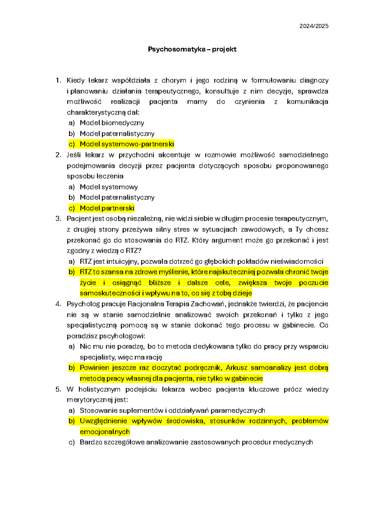 Psychosomatyka: Projekt Testowy w Terapii i Modelach Leczenia - Document Preview