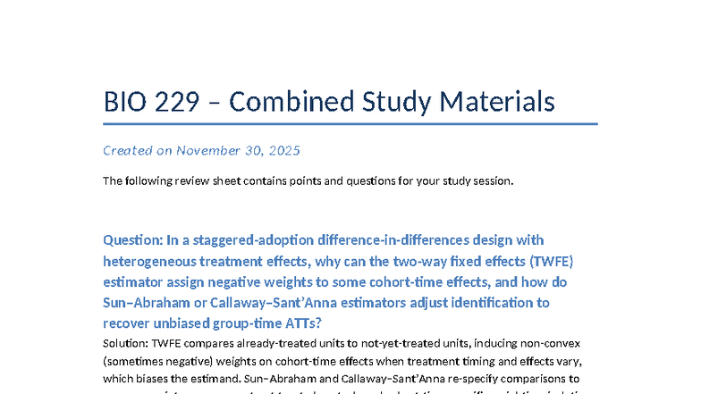 BIO 229 Comprehensive Study Guide for Treatment Effects Analysis - Studocu