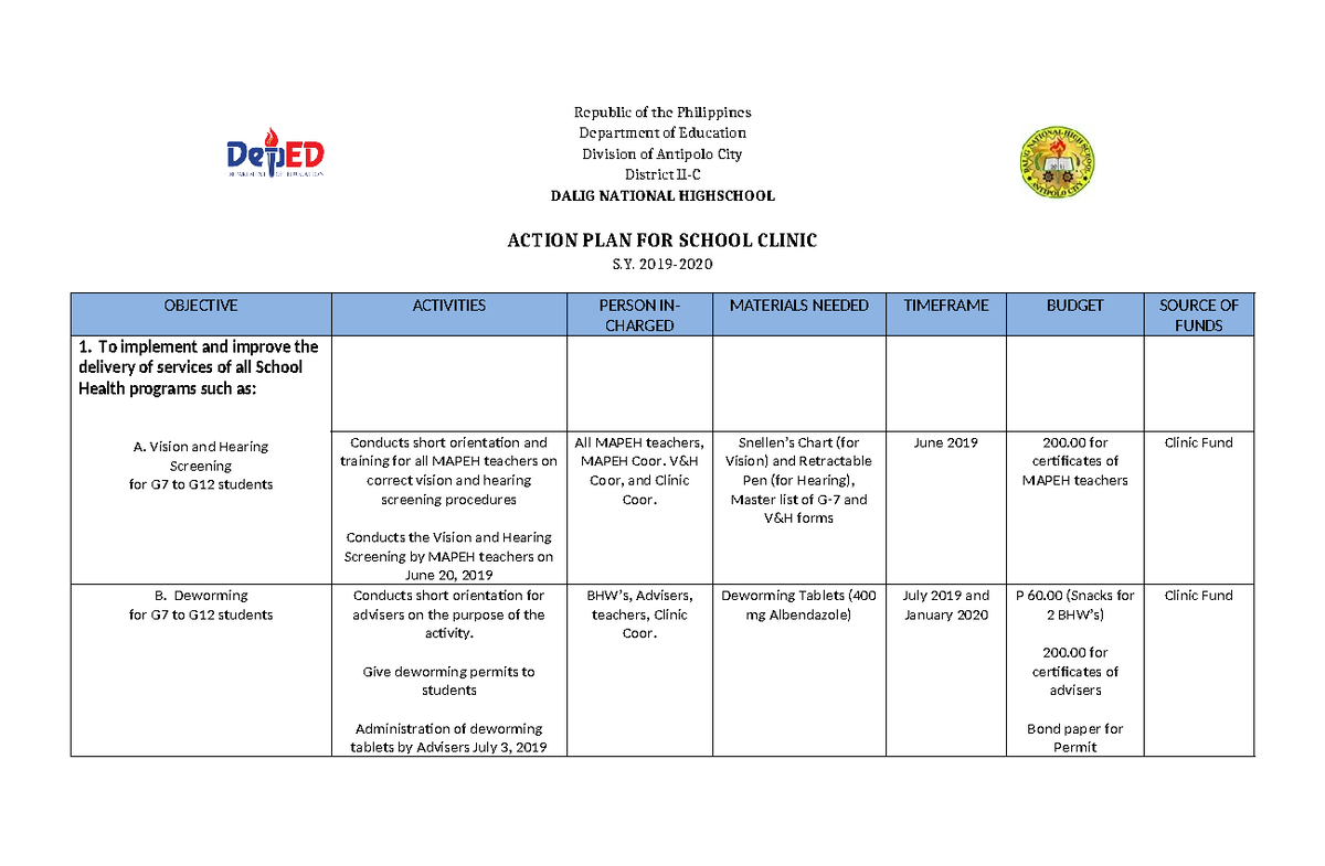 Action Plan for School Clinic Services SY 2019-2020 - Studocu