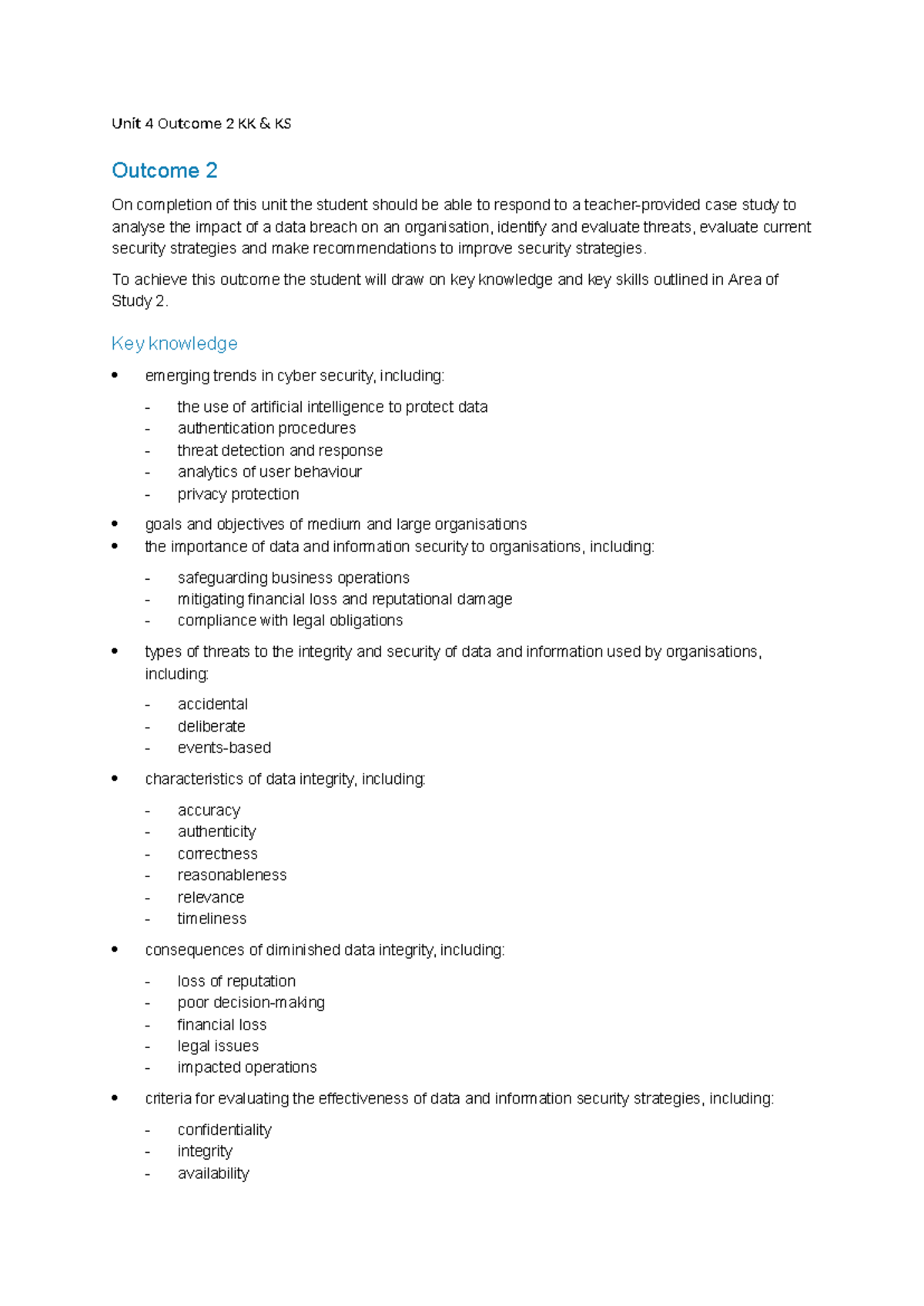 Unit 4 Outcome 2 KK KS - Case Study Analysis of Data Breach Impact ...