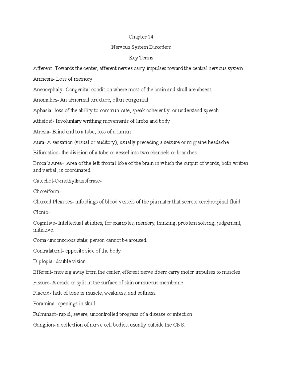 Chapter 14: Key Terms in Nervous System Disorders Study Guide - Studocu
