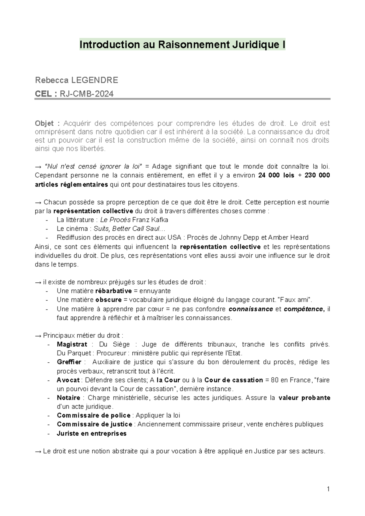 Cours Complet de Raisonnement Juridique I - Introduction et Concepts ...