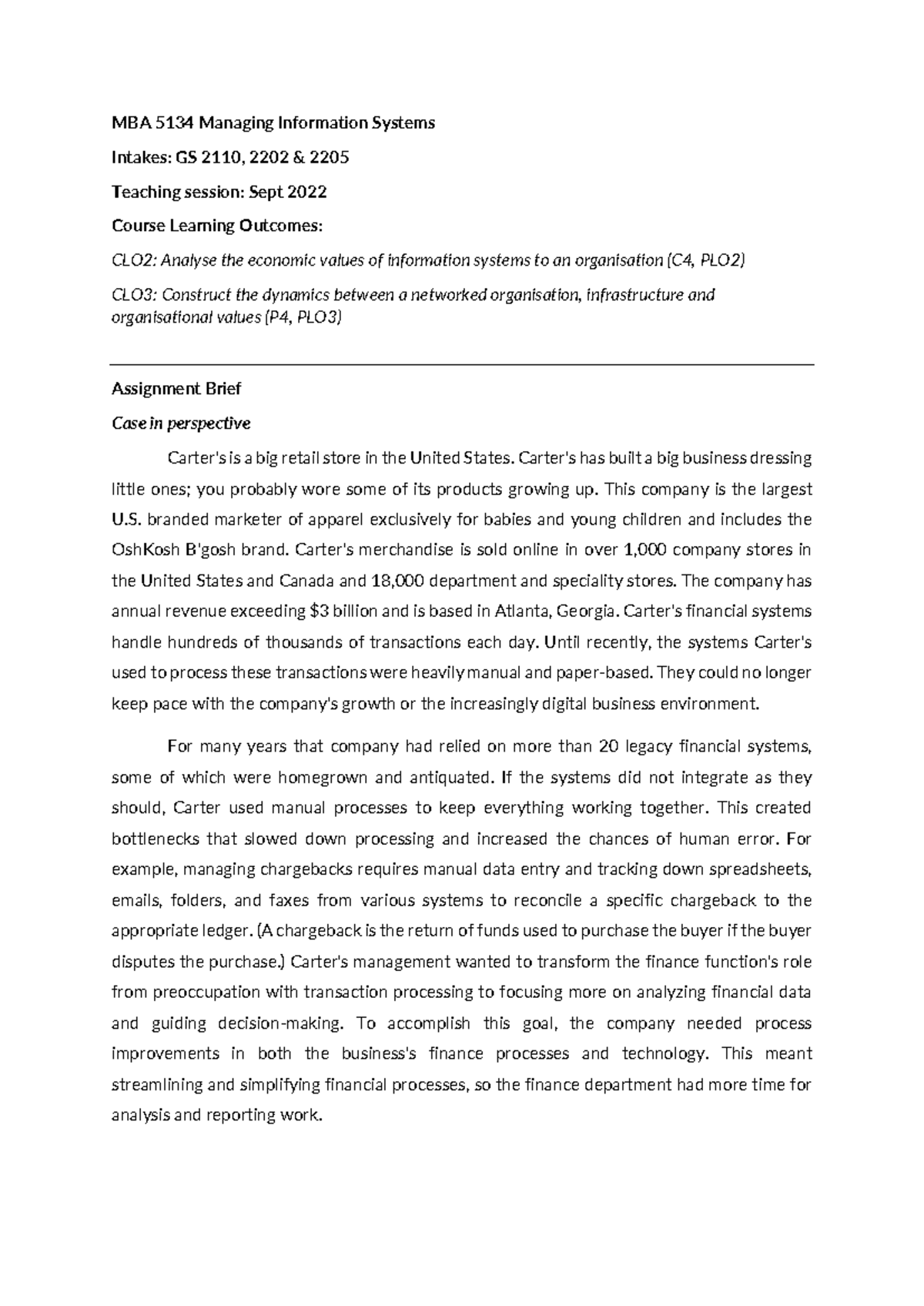 MBA 5134 Managing Information Systems Case Study Assignment Briefs ...
