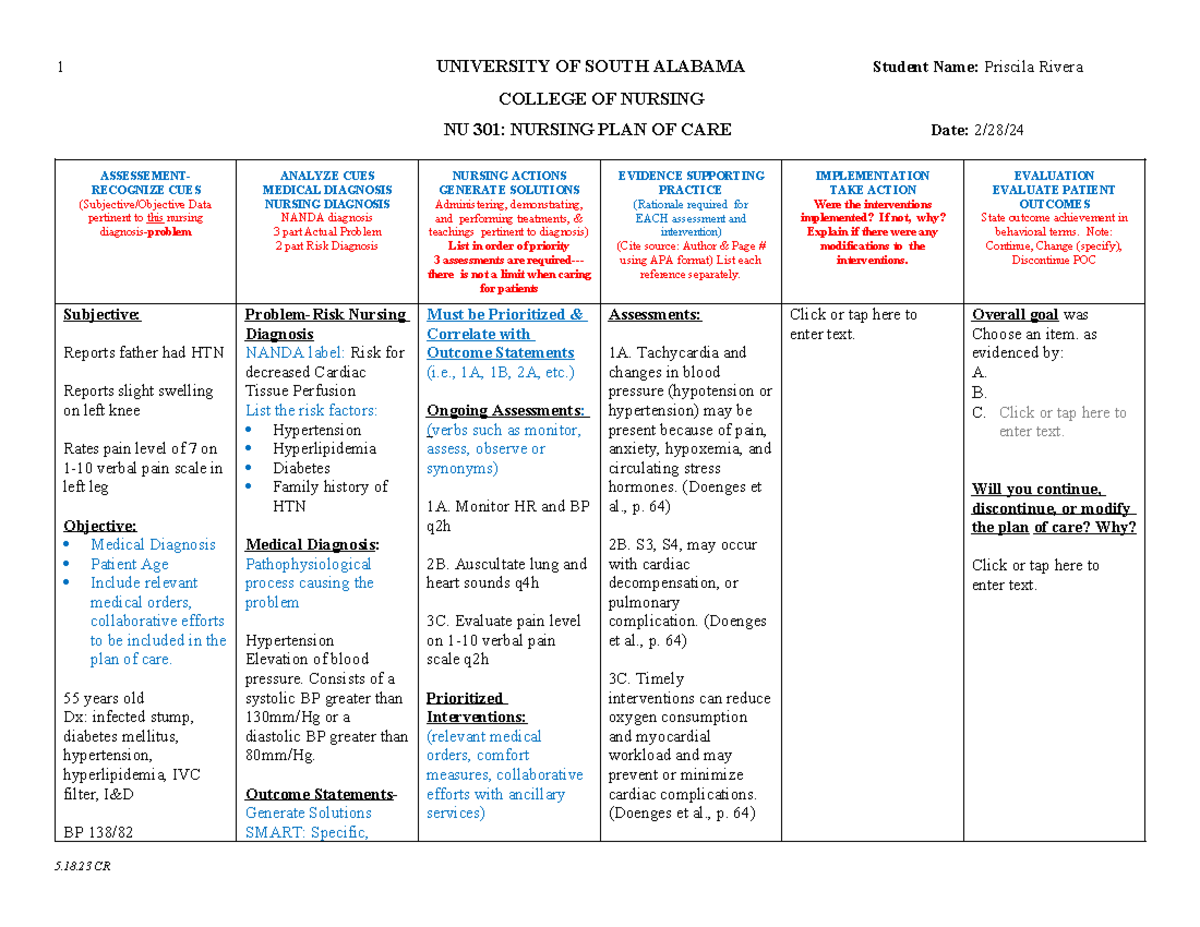 NU 301: Nursing Plan of Care - Risk for Decreased Cardiac Tissue ...
