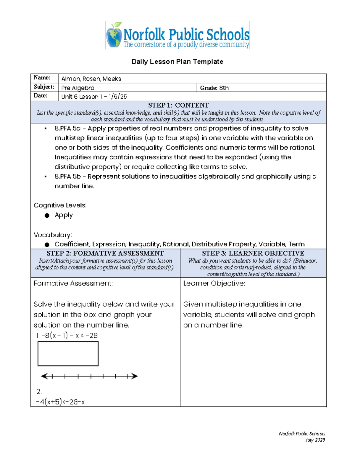 M8U6L1 - math - Daily Lesson Plan Template Name: Almon, Rosen, Meeks ...