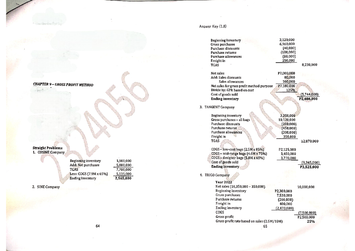 Chapter 9 &amp; 9A - Gross Profit Method Review and Answer Key - Studocu