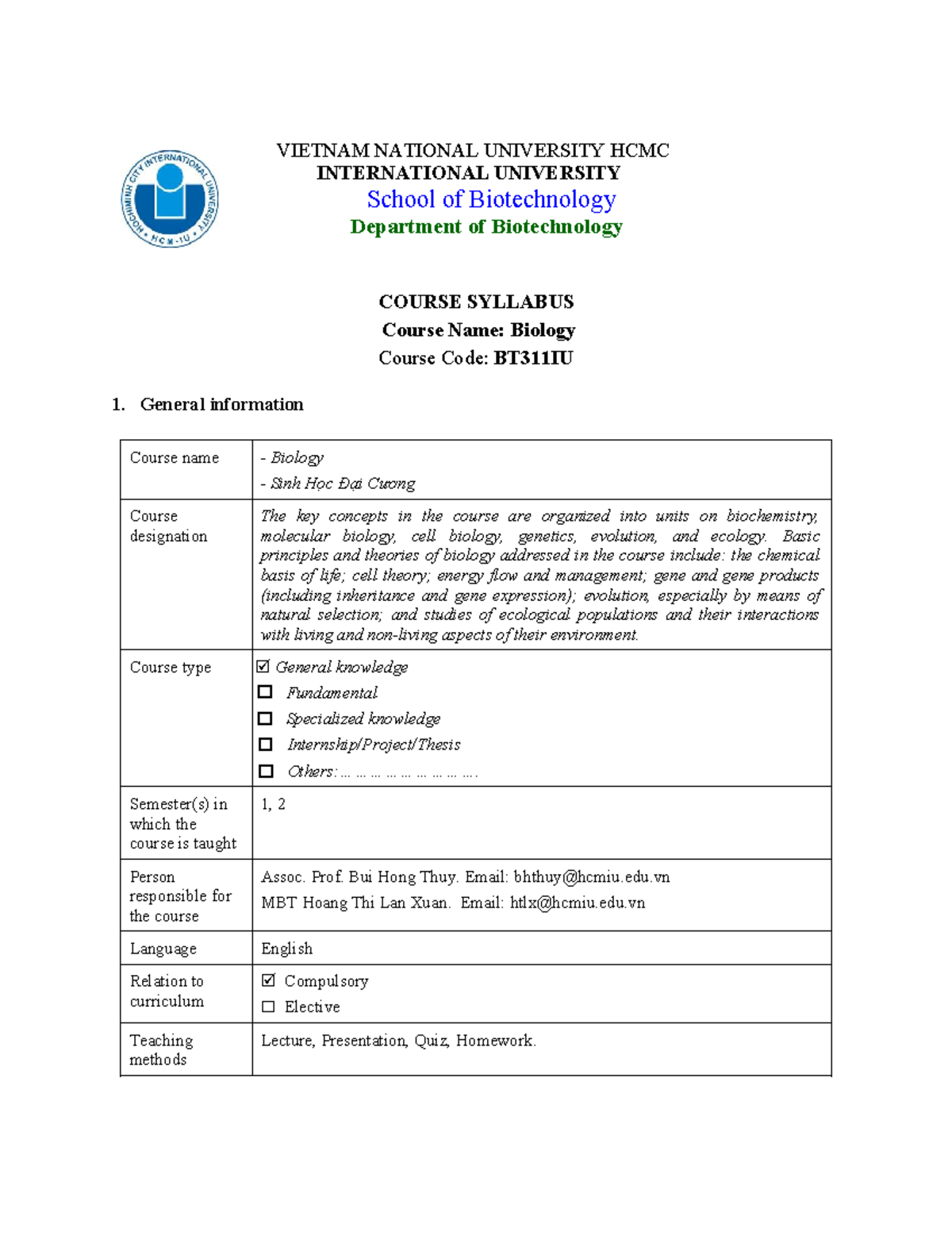 BT311IU - Biology Course Syllabus and Overview - Studocu