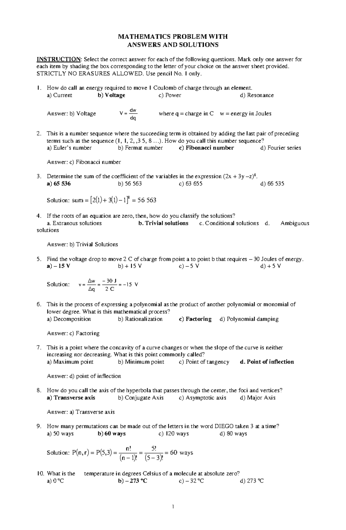 MATHEMATICS PROBLEMS WITH ANSWERS - MATH 2 REVIEW - Studocu