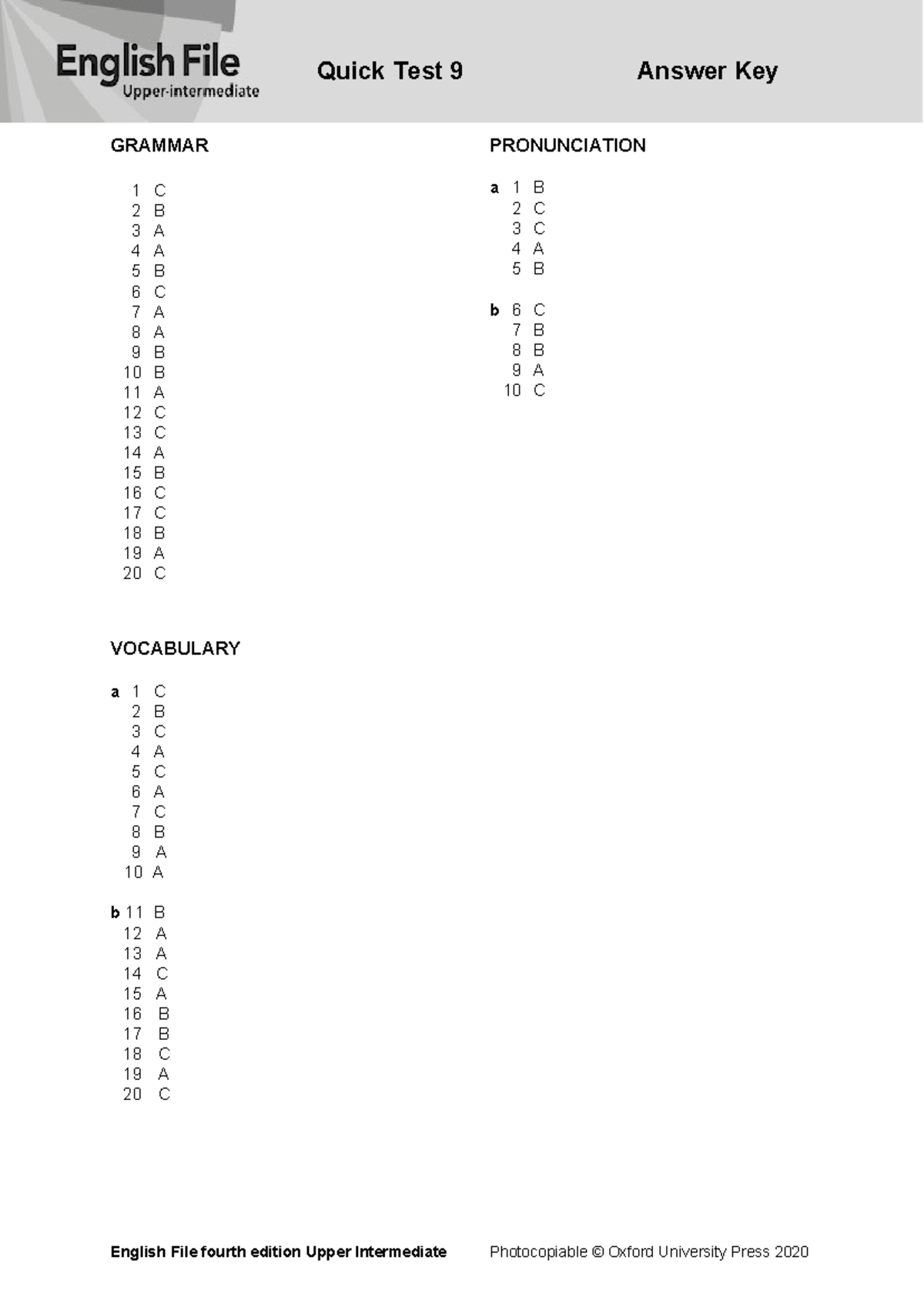 Quick Test 9 Answer Key - English File Upper Intermediate - Studocu