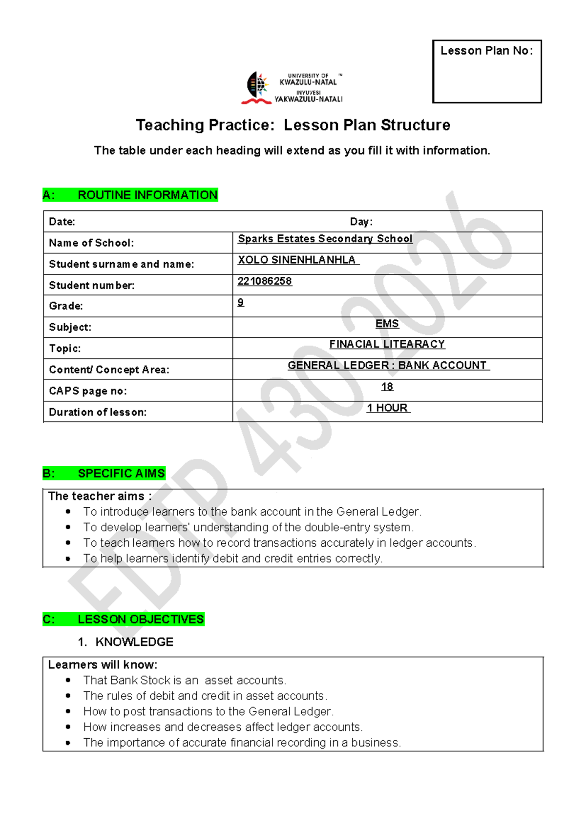 Lesson Plan ACC 2026: Financial Literacy & Bank Account for Grade 9 ...