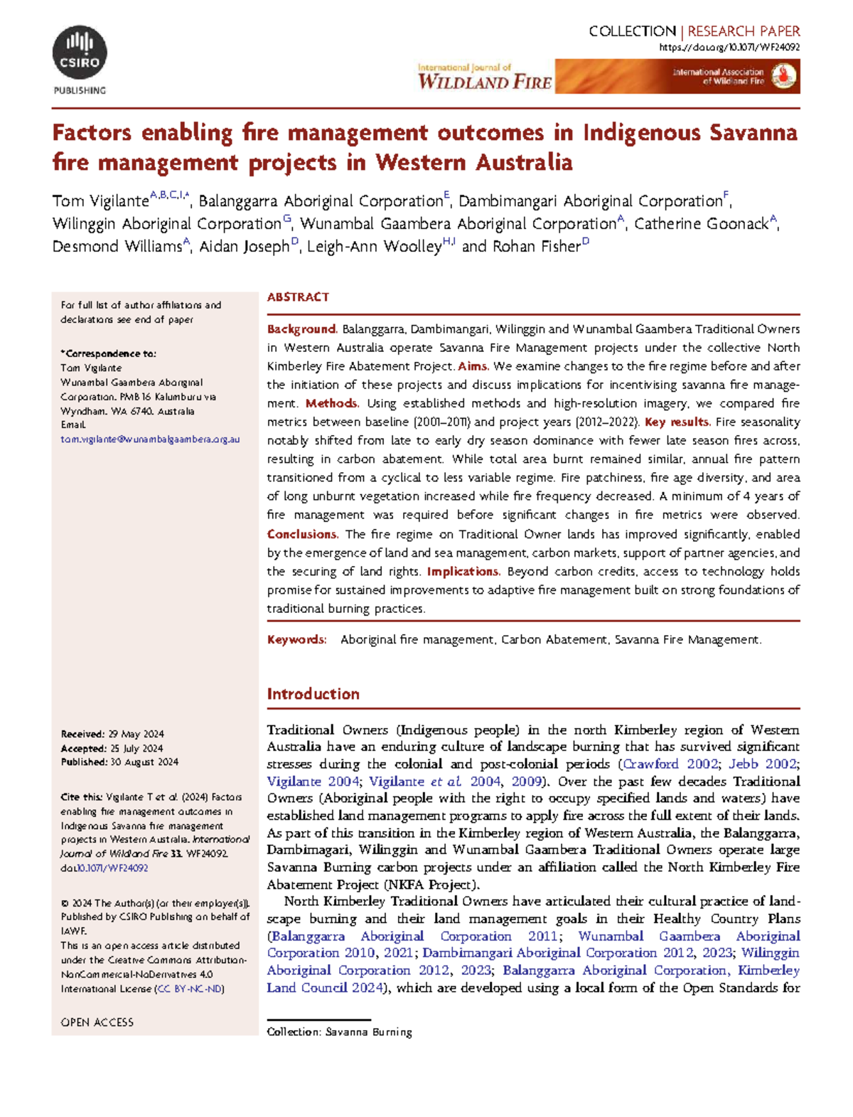 Factors Enabling Fire Management Outcomes in Indigenous Savanna ...