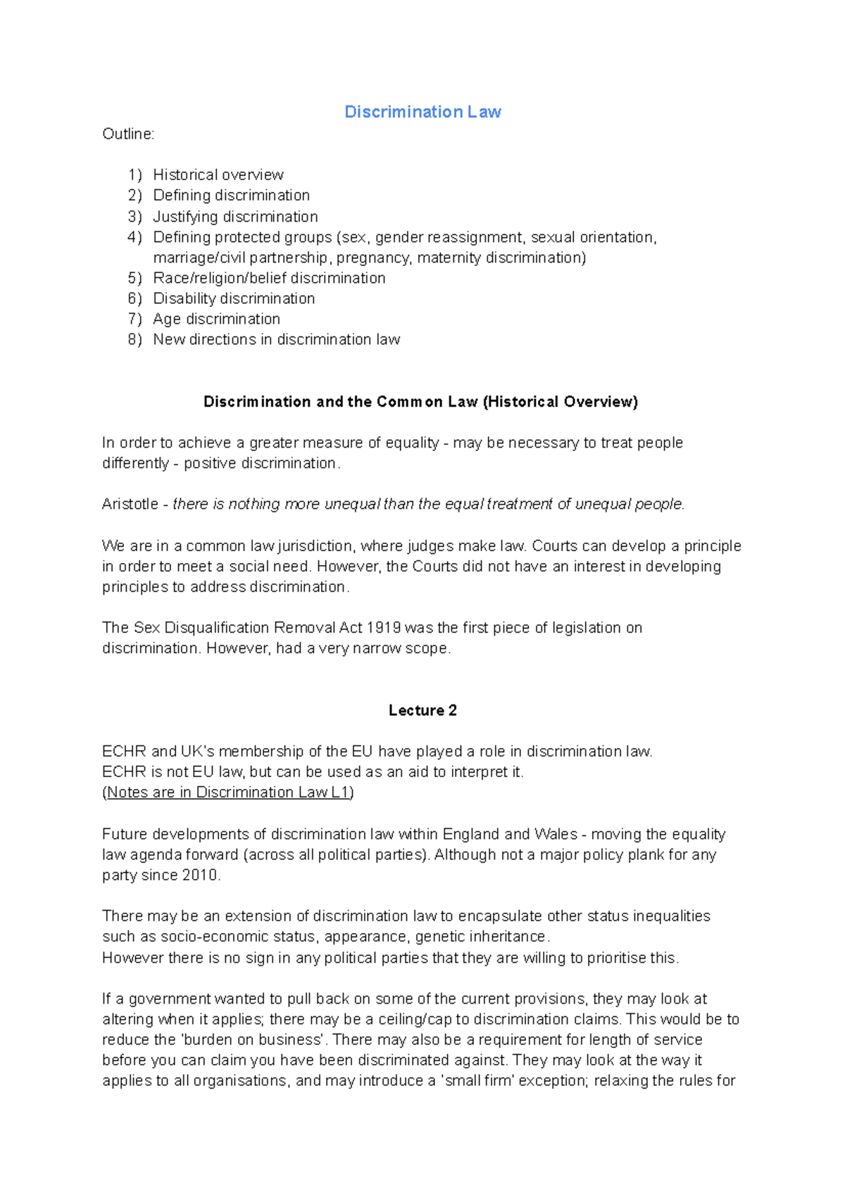 Discrimination Law - Lecture Notes (L2 & L3) Analysis and Overview ...