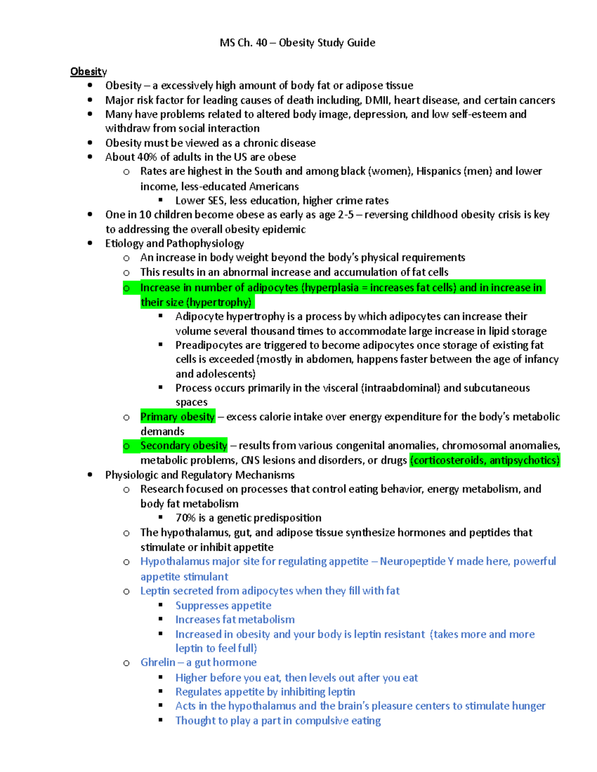 MS Ch. 40 Obesity Study Guide – Key Concepts and Nursing Management ...
