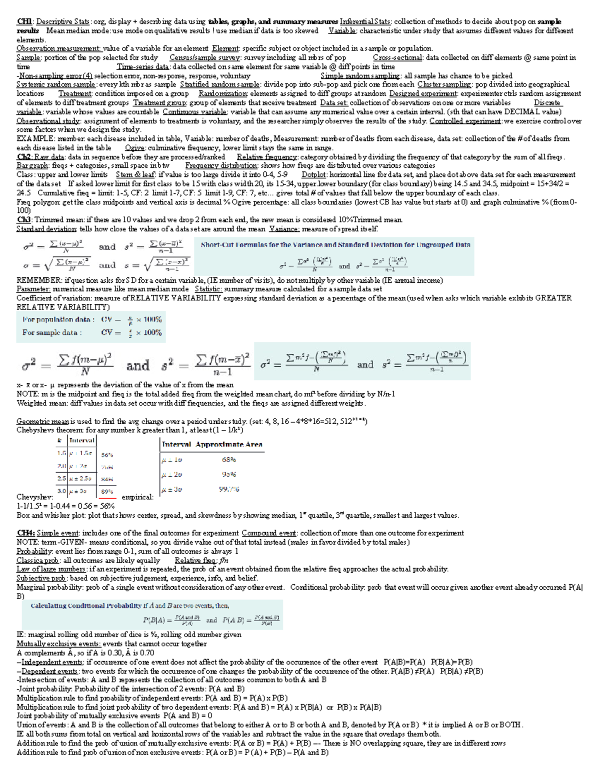 Cheat sheet official - Course study notes - CH1: Descriptive Stats: org ...