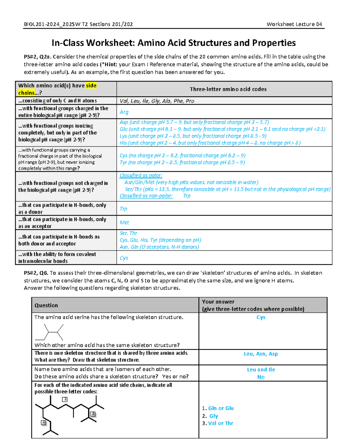 Worksheet amino acids key - BIOL201-202 4 _202 5 W T2 Sections 201/202 ...
