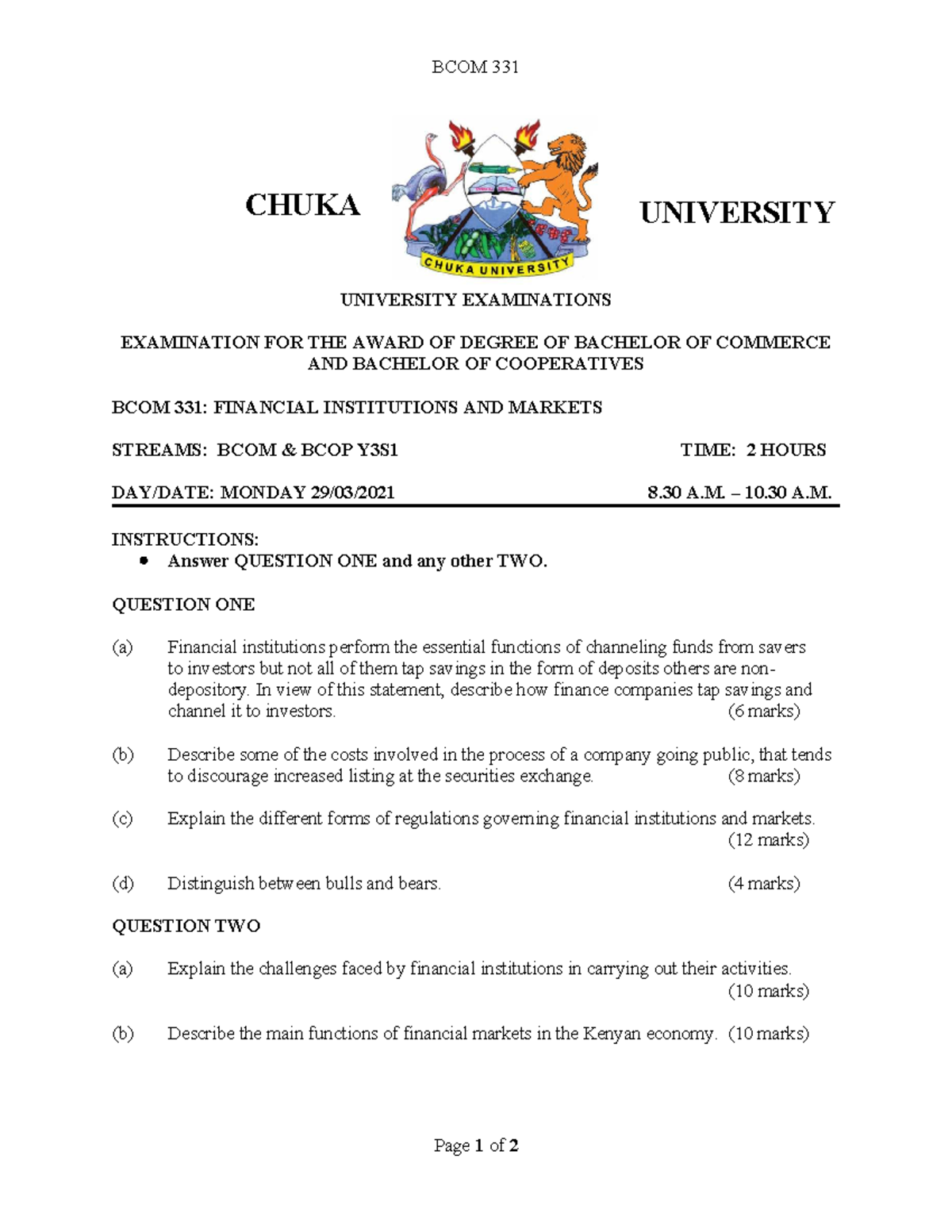 BCOM 331: Financial Institutions & Markets Exam Notes - Studocu