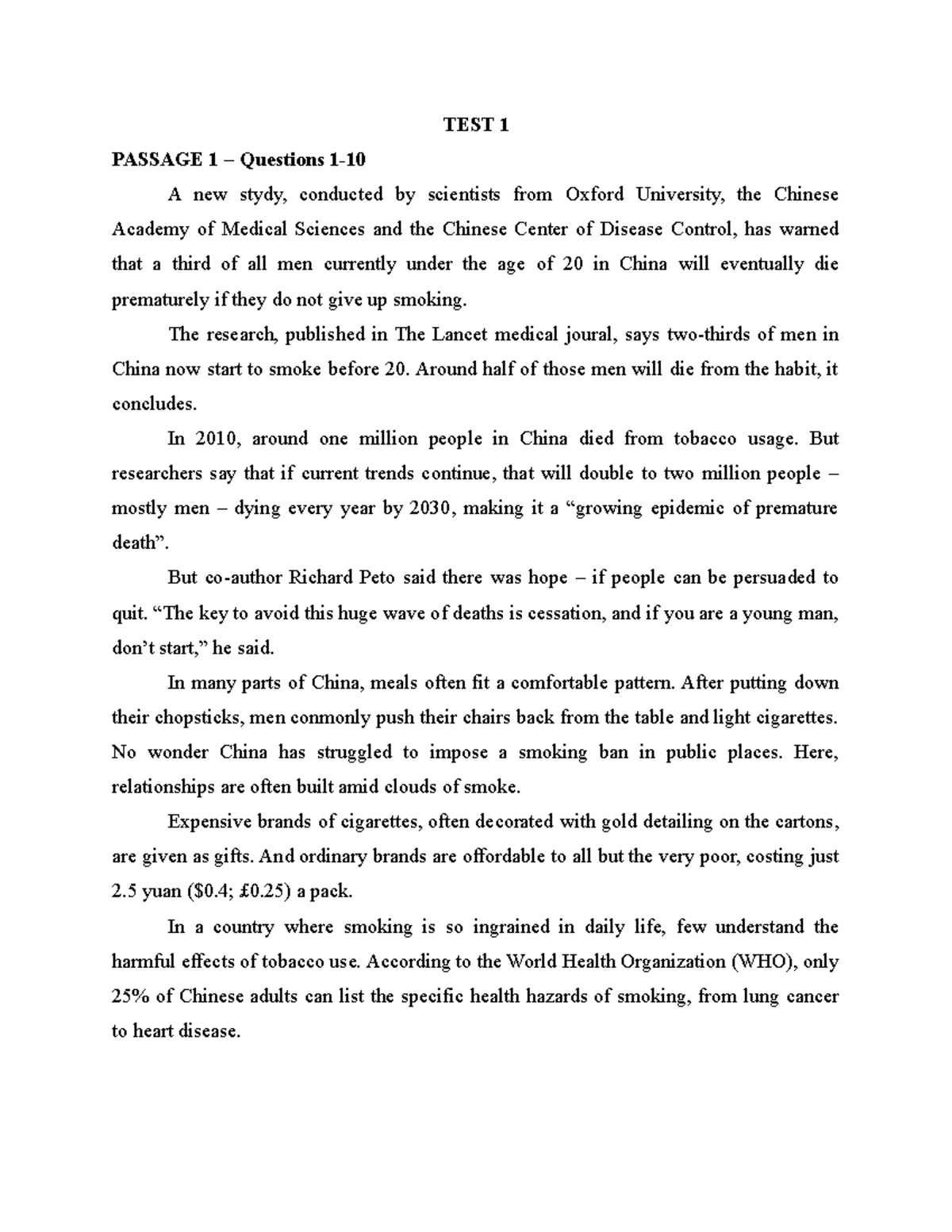 TEST 1 - Test 01 VSTEP - TEST 1 PASSAGE 1 – Questions 1- A new stydy ...