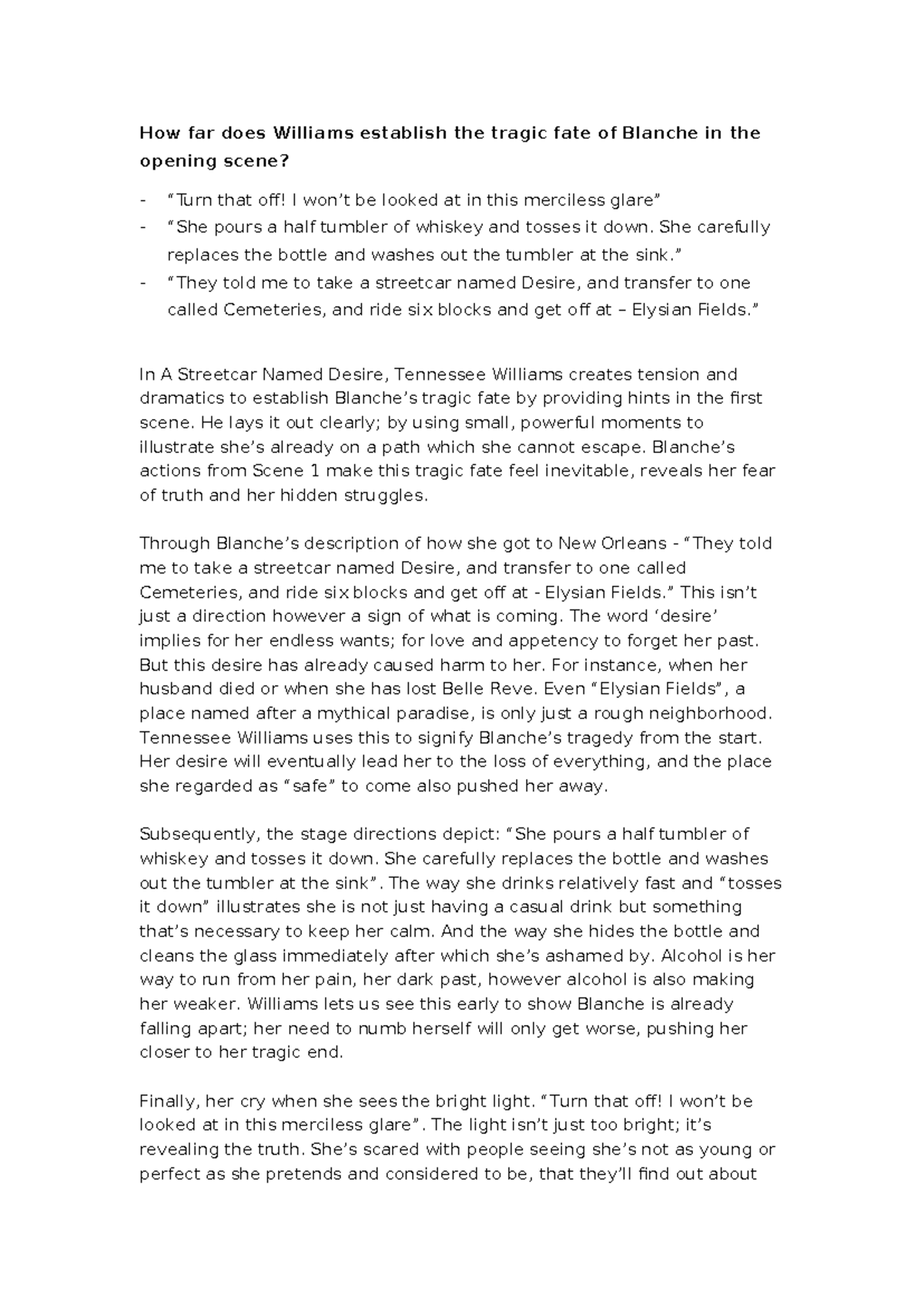 Tennessee Williams' Tragic Fate of Blanche in Scene 1 Analysis - Studocu