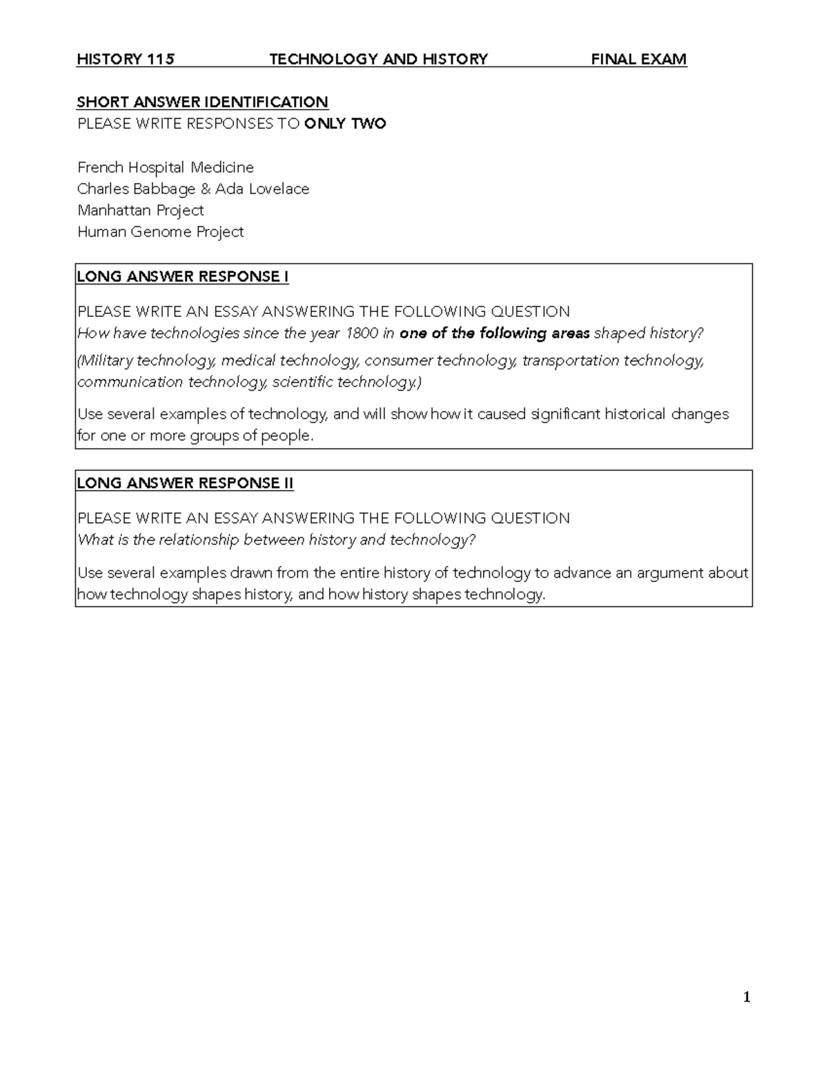 115 Previous Final Exam Example 2023 - HISTORY 115 TECHNOLOGY AND ...