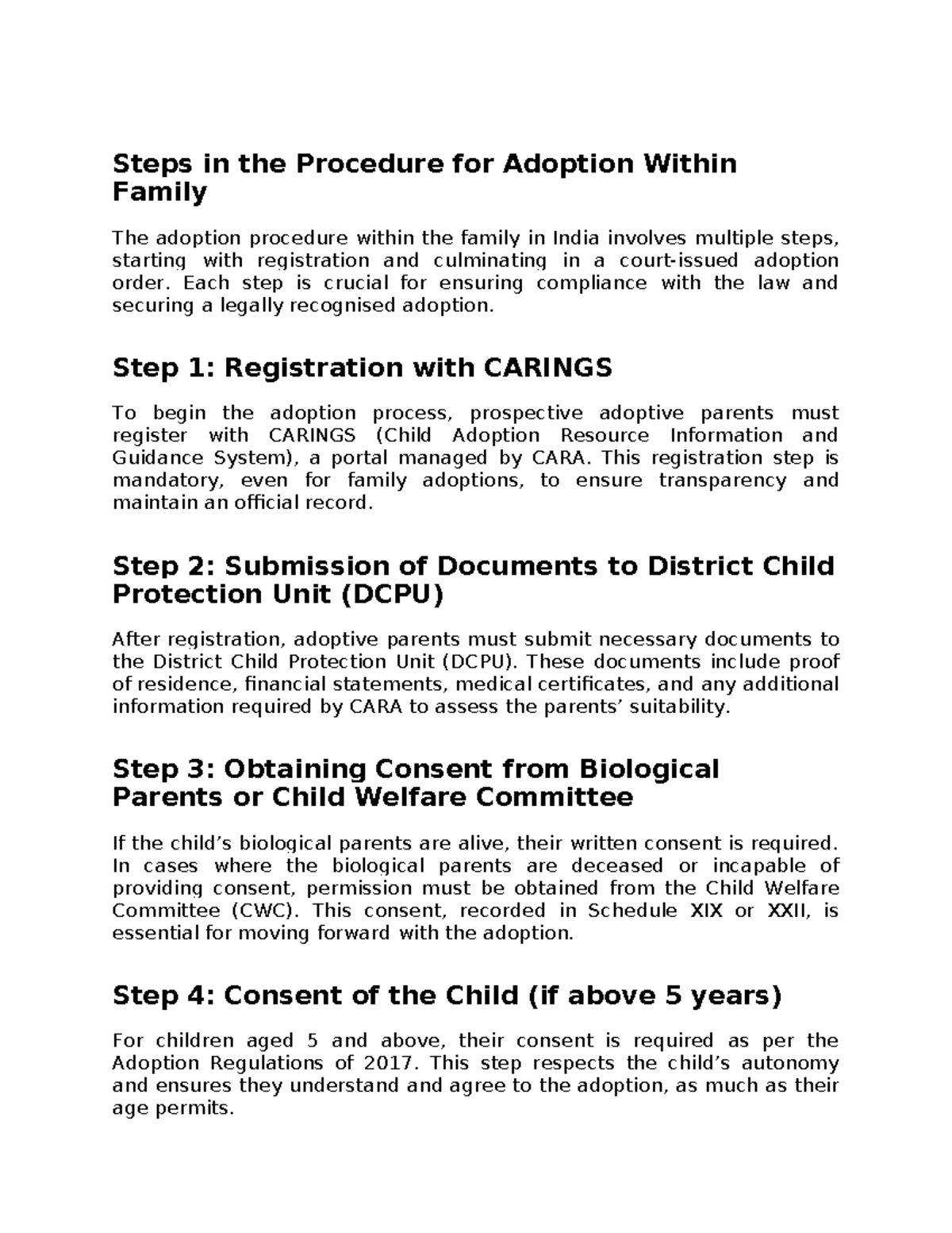 Family Adoption Procedure in India: Steps & Documentation - Studocu