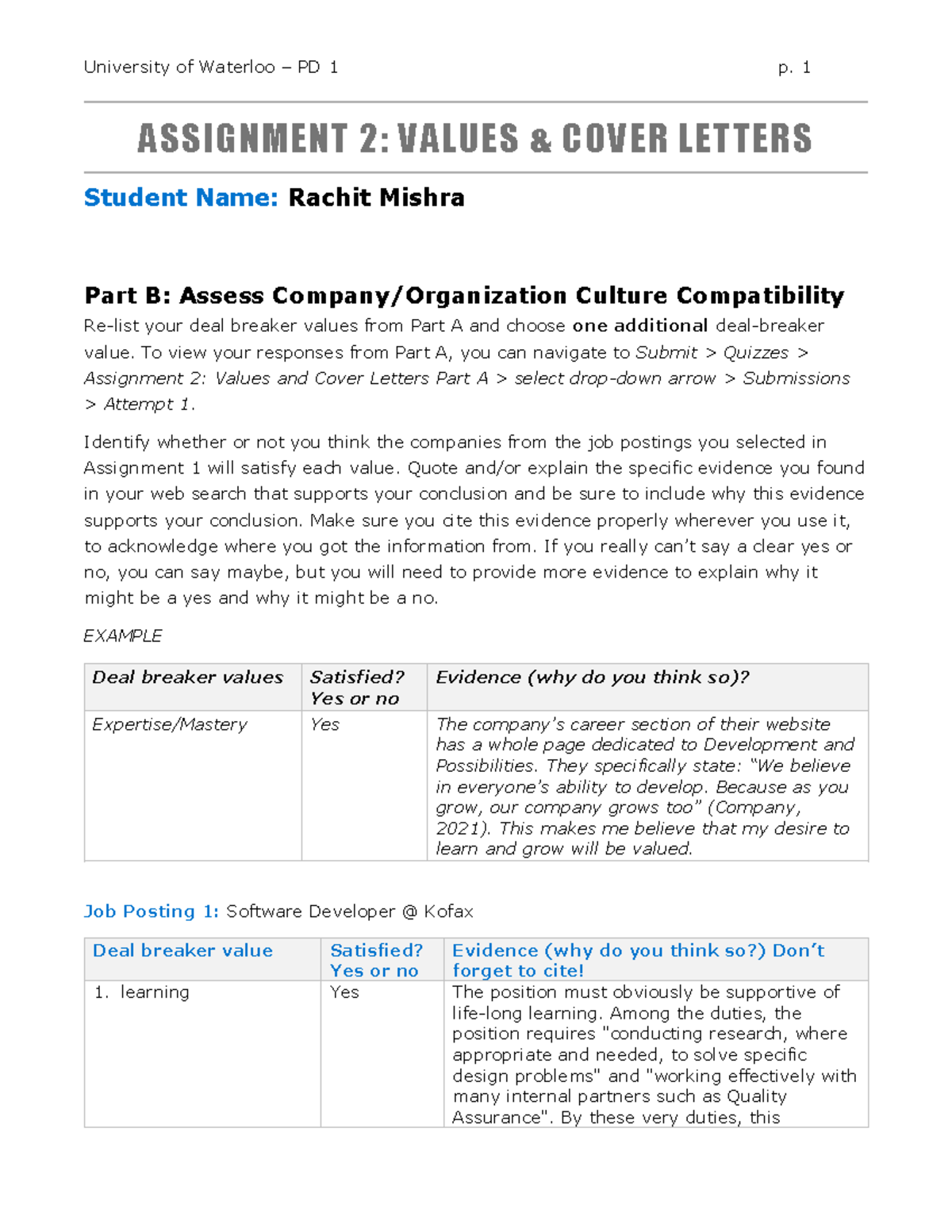 Assign 2-values-and-cover-letter,pd1 - ASSIGNMENT 2: VALUES & COVER ...