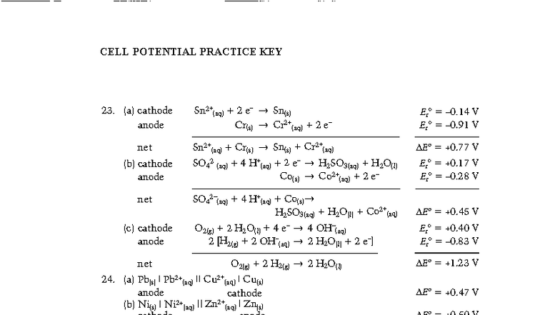 32-Cell Potential Practice Key: Understanding Redox Reactions - Studocu