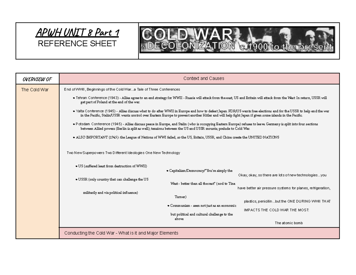APWH UNIT 8 Part 1 Cheat Sheet: Cold War Overview and Key Terms - Studocu