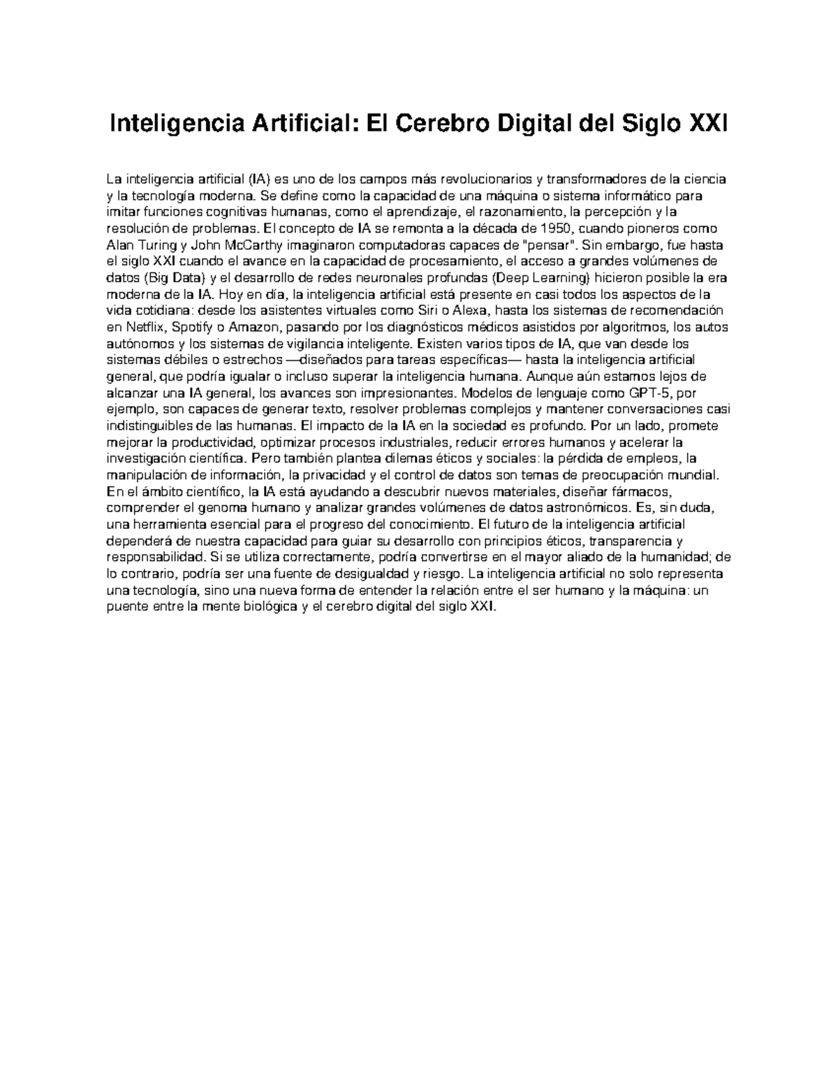 IA: El Cerebro Digital del Siglo XXI y su Impacto en la Sociedad - Studocu