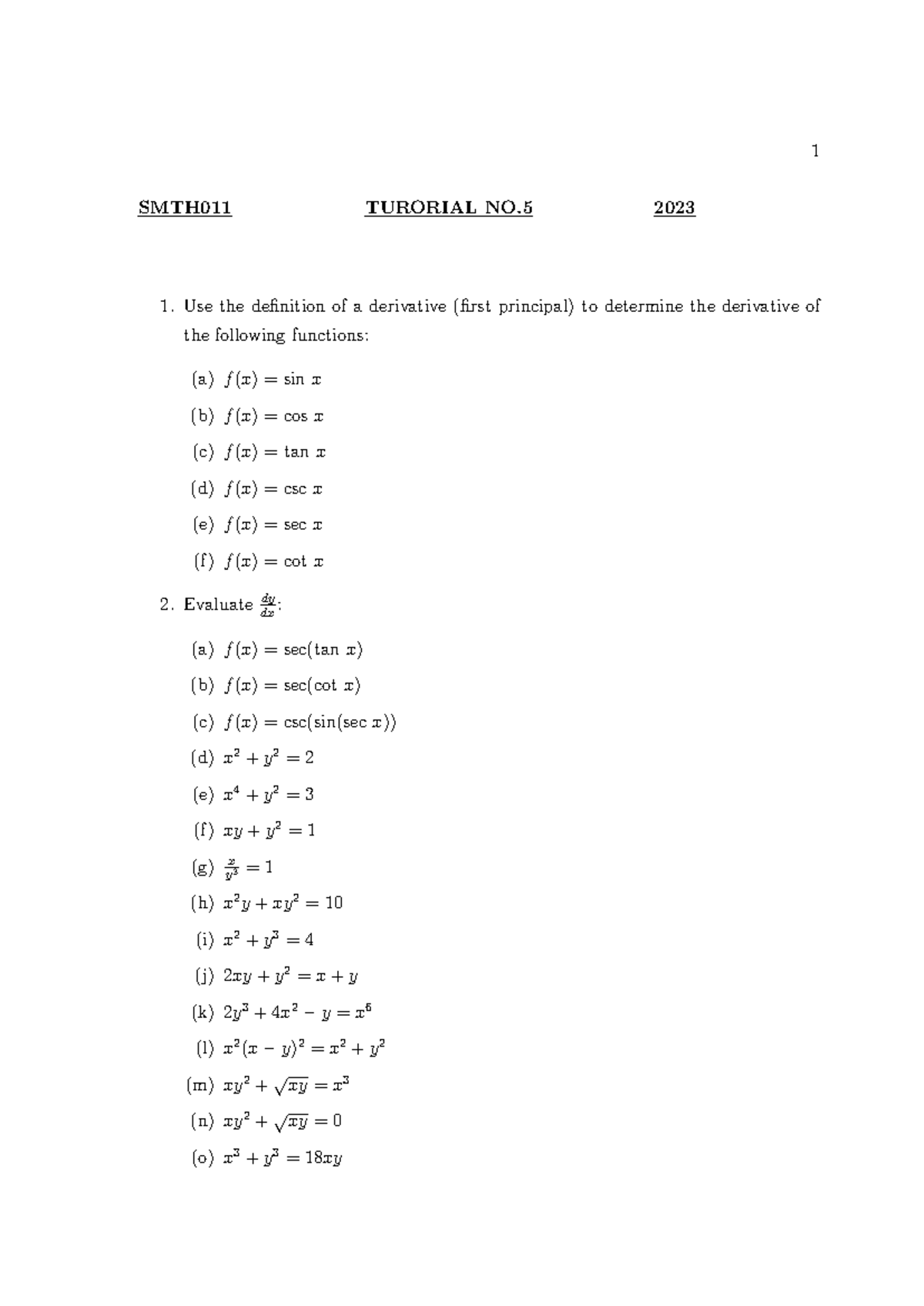 SMTH011 Tutorial 5: Derivatives and Limits Exercises - Studocu