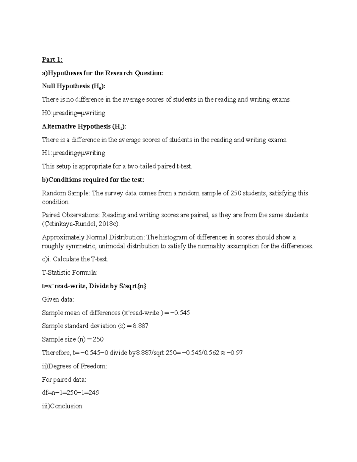 Math Assignment unit 4 - Part 1: a)Hypotheses for the Research Question ...