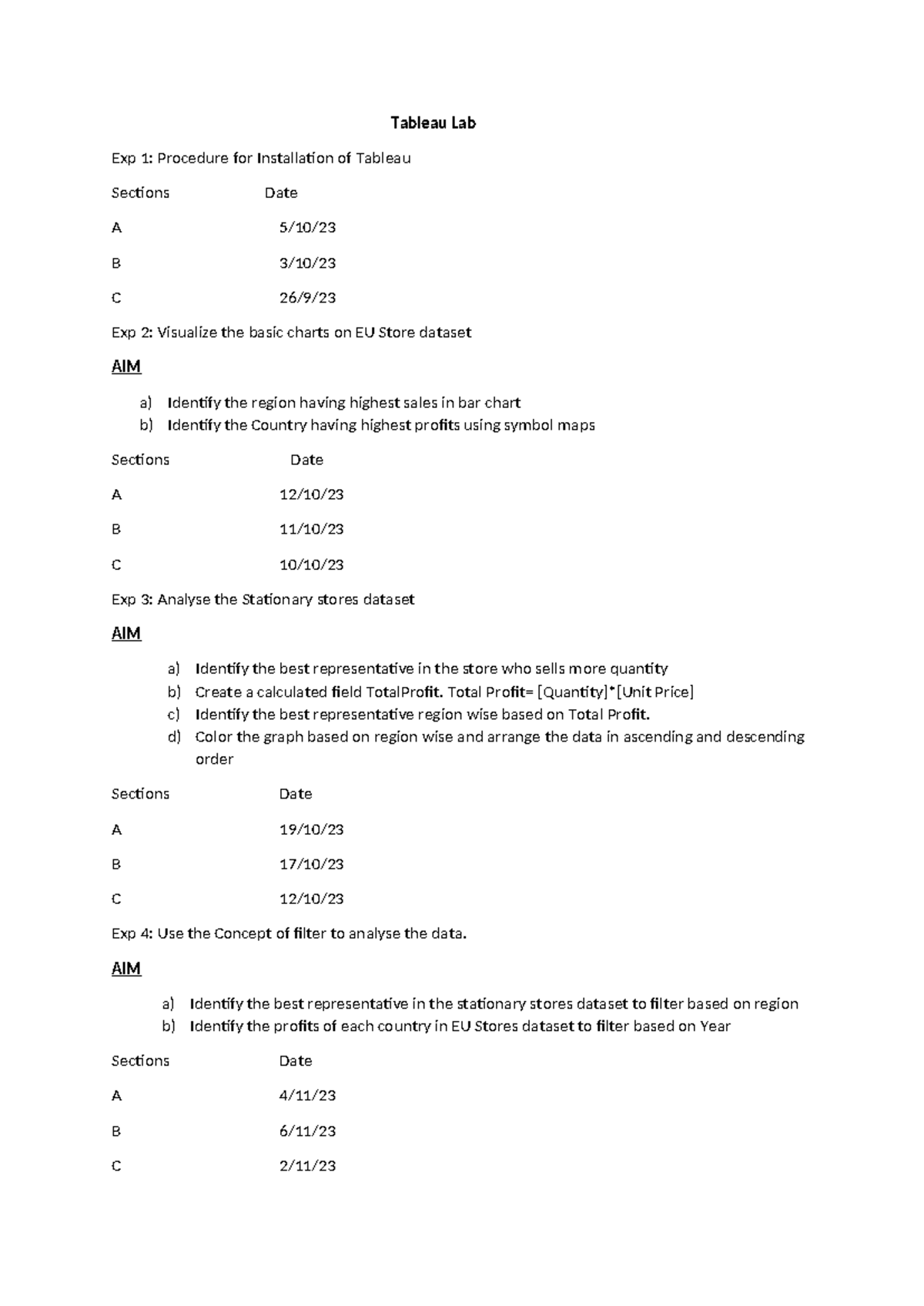 Tableau Lab (24-11-2023) - Tableau Lab Exp 1: Procedure for ...