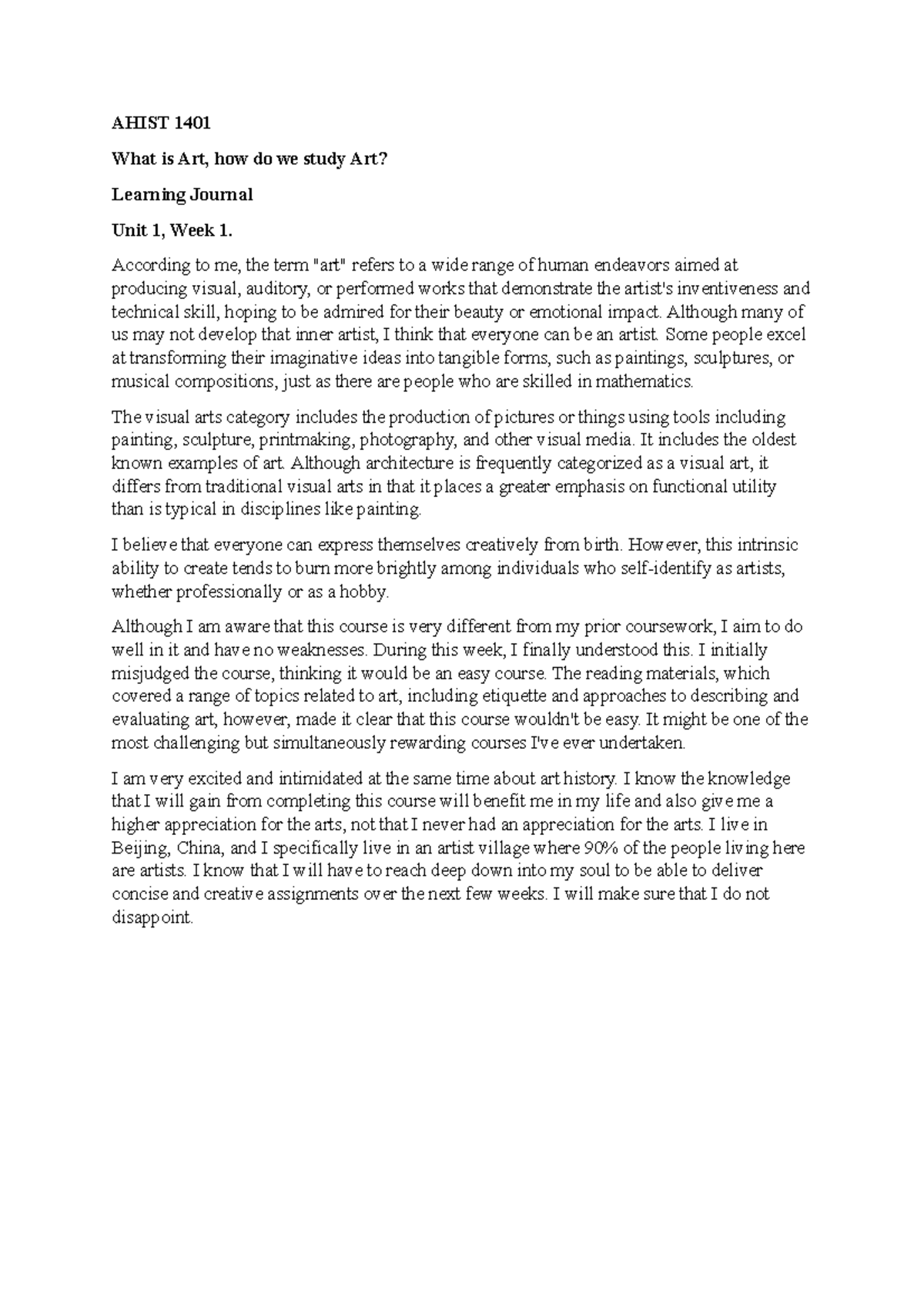 AHIST 1401 Learning Journal: Exploring Art in Unit 1 - Studocu