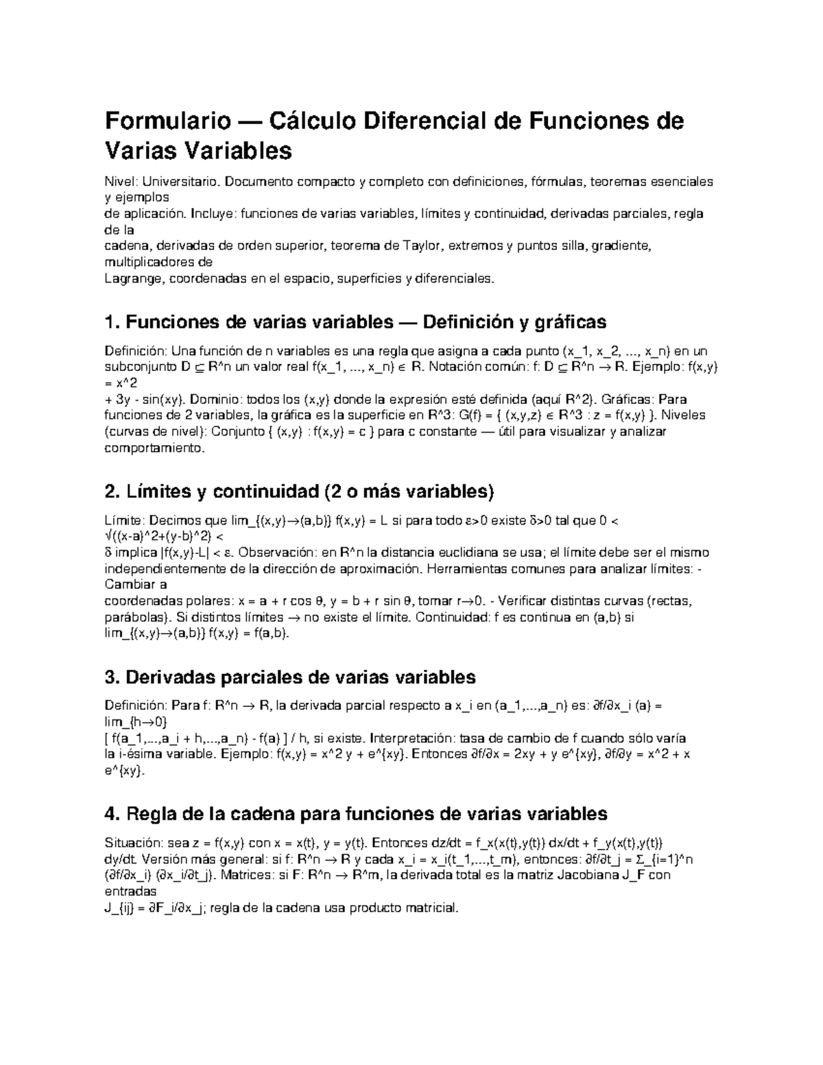 Formulario Cálculo Multivariable Universitario: Definiciones y Teoremas ...