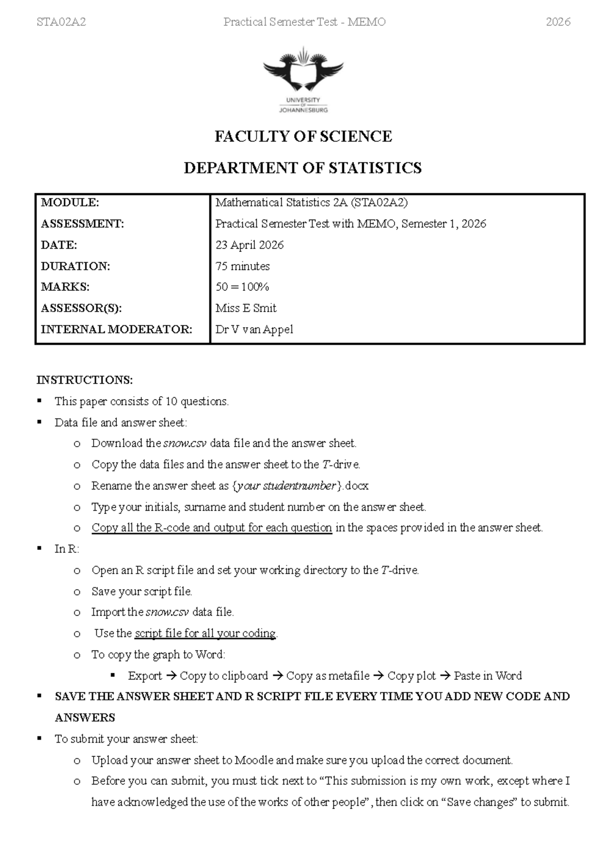 STA02A2 Practical Semester Test MEMO 2026: Detailed Solutions and ...