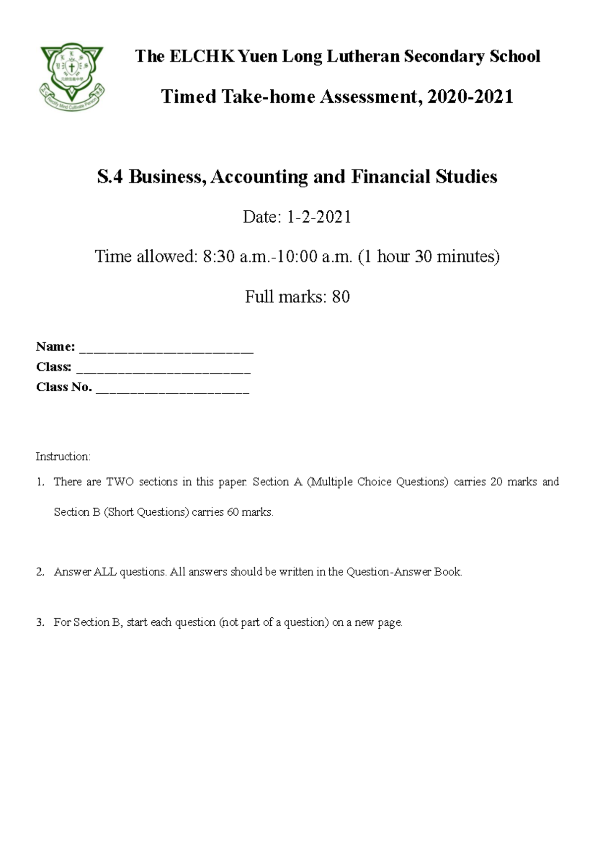 909373422 S4 BAFS 1st Term Exam Timed Assessment Question Paper - Studocu
