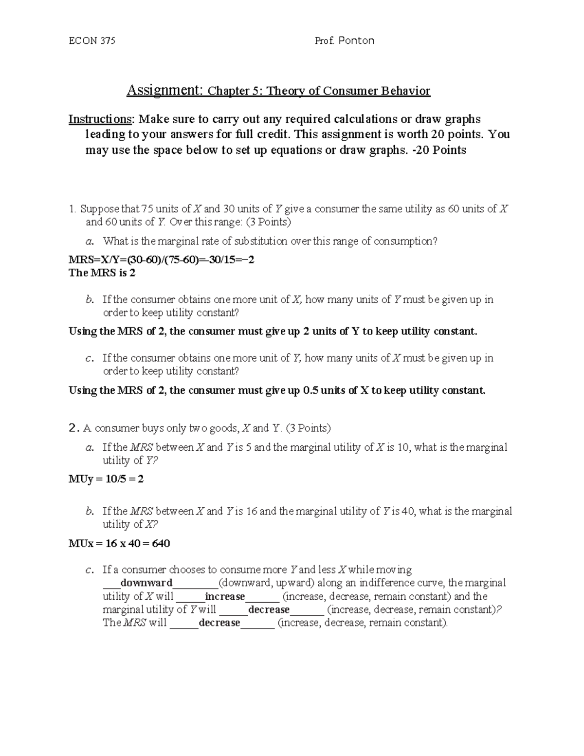 Chap 5 Assignment- Hecho - Assignment: Chapter 5: Theory of Consumer ...