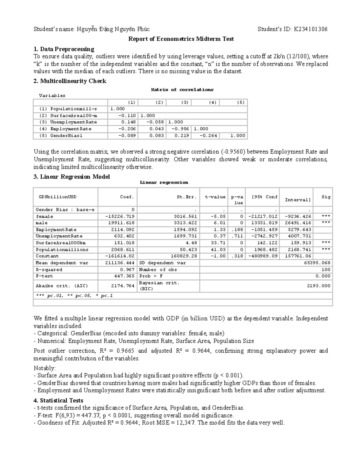 Statistical Report-4: Econometrics Midterm Test 1 Analysis - Studocu