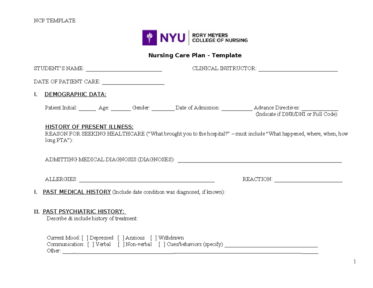 NCP Template for Nursing Care Plan - AE I Guide - Studocu