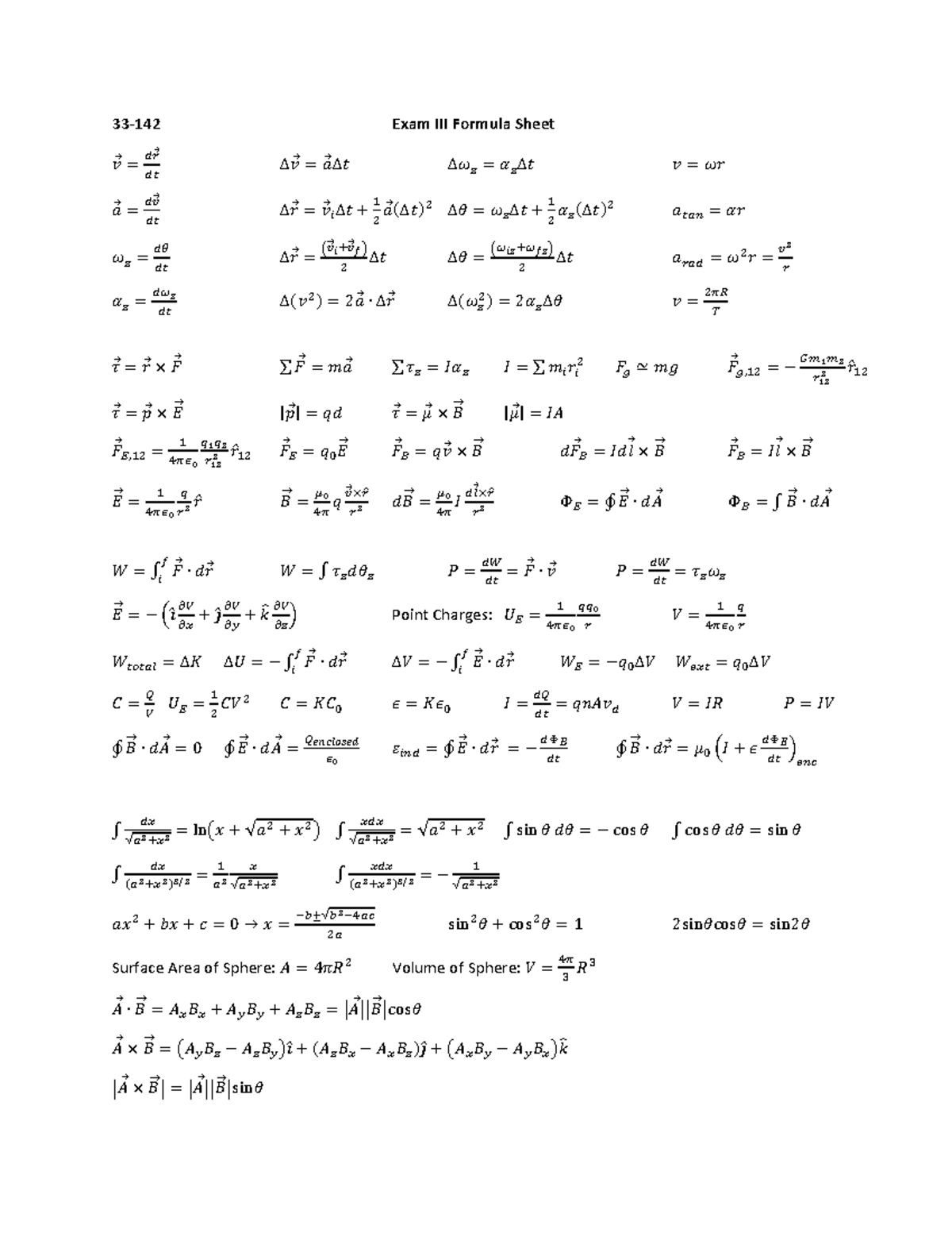 Exam 3 Formula Sheet for Physics Concepts and Equations - Studocu