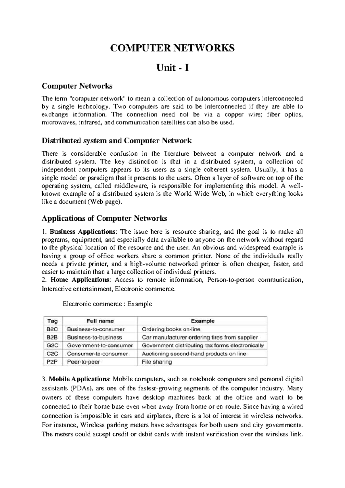COMPUTER NETWORKS Unit I: Overview and Applications of Networks - Studocu