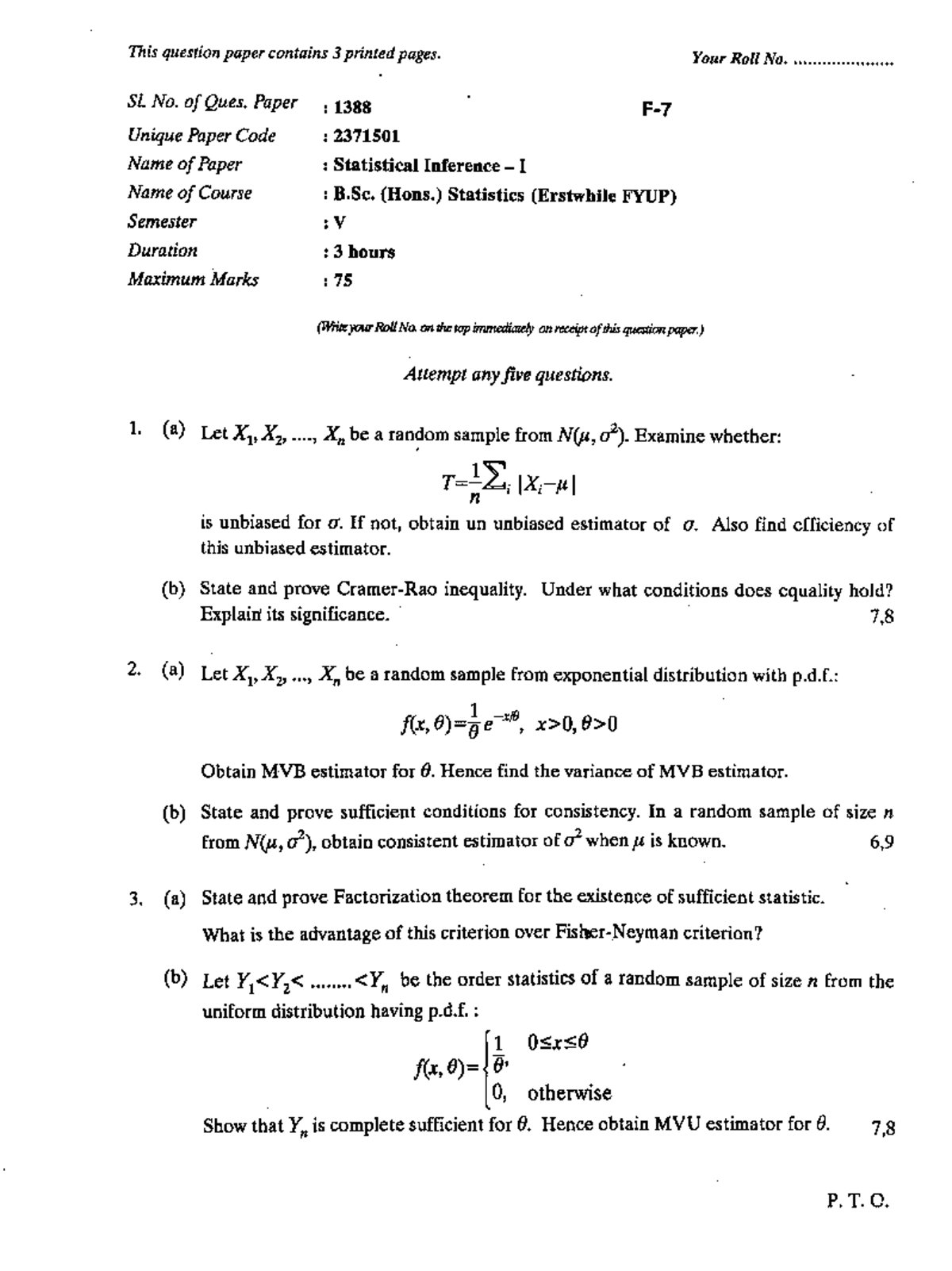 B.SC (HONS) Statistics V Statistical Inference Exam Paper 1388 - Studocu