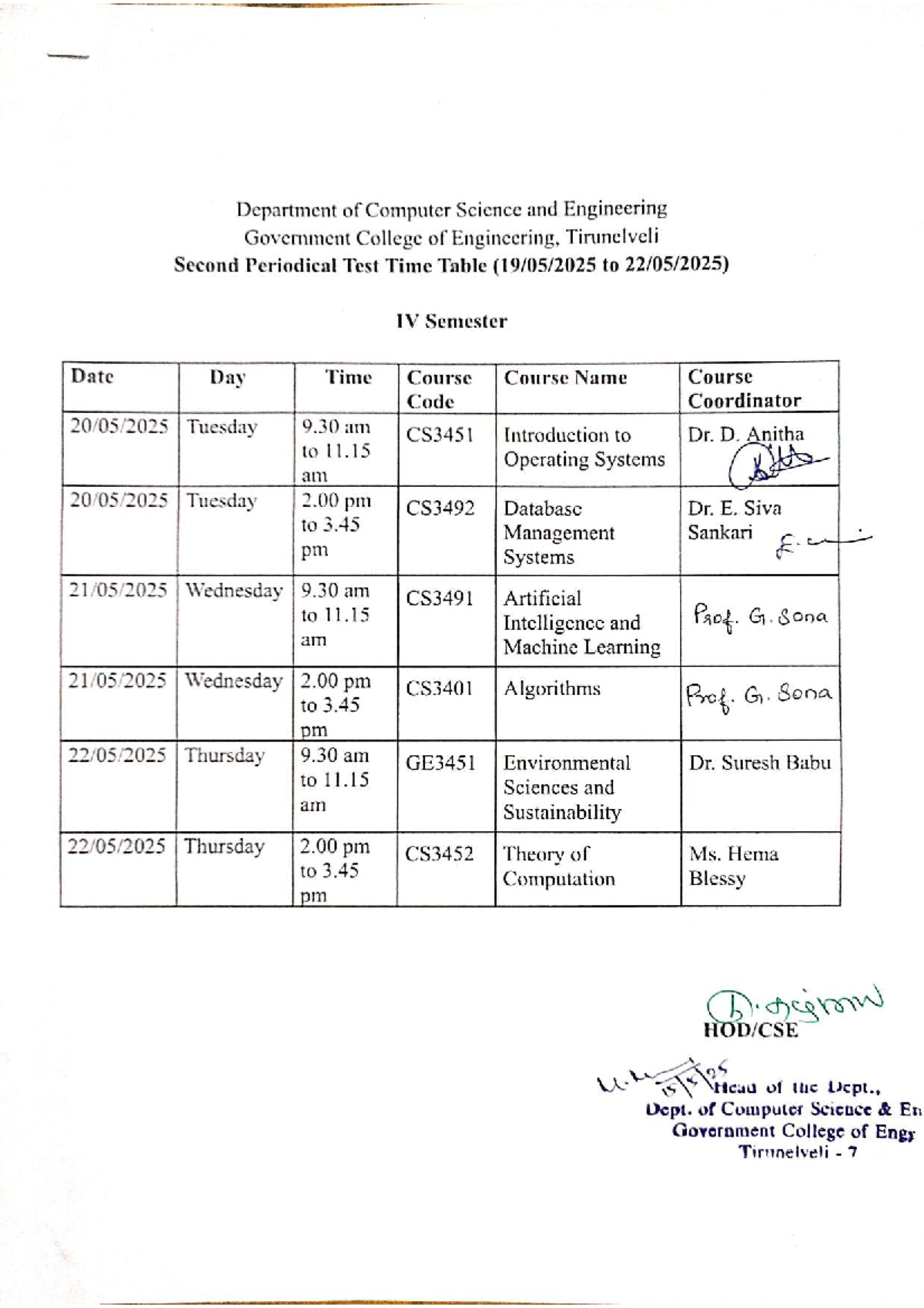 CS & Engg II & VI Sem Periodical Test Time Table - Gov. College - Studocu