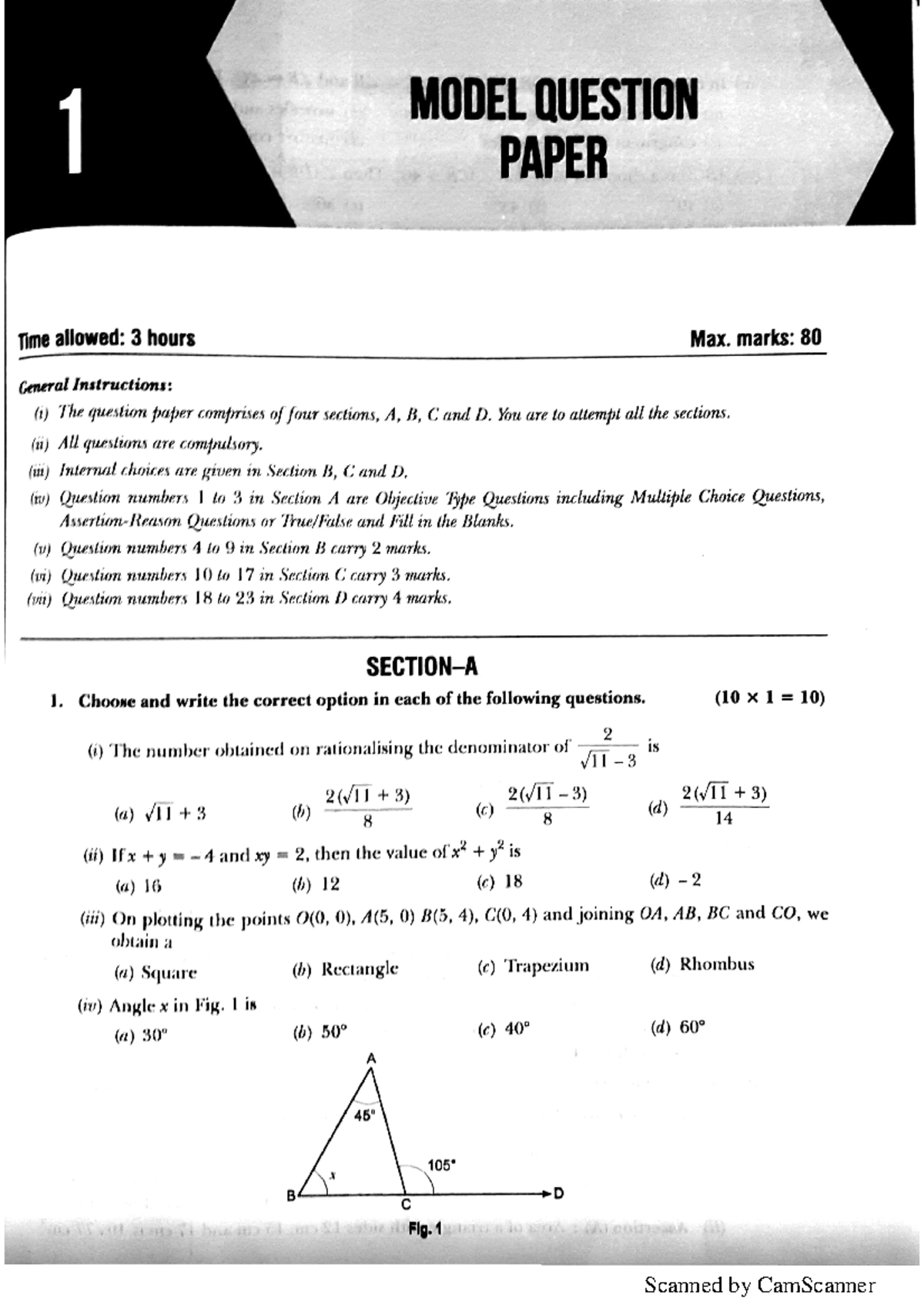 Model Question Paper - Class 9 Math (Max Marks: 80) - Studocu