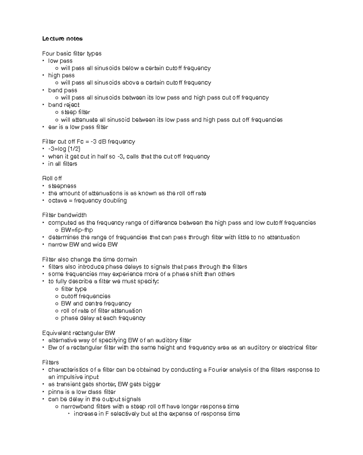 Lecture Notes: Four Basic Filter Types and Their Characteristics - Studocu